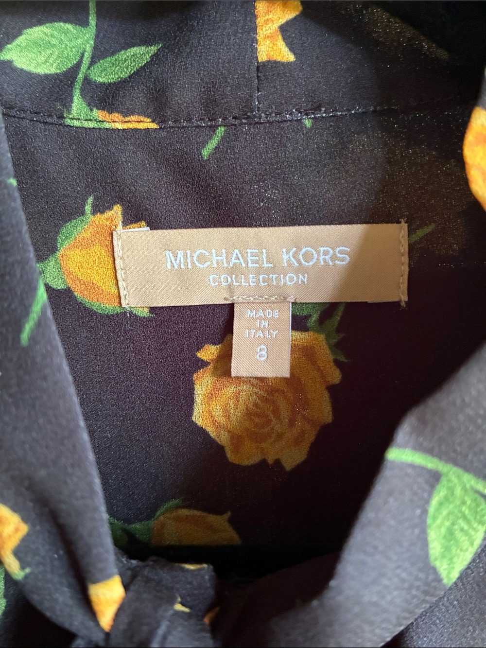 Michael Kors Collection Black Floral Tie-Neck Midi Dress with Yellow Roses - Picture 8 of 9